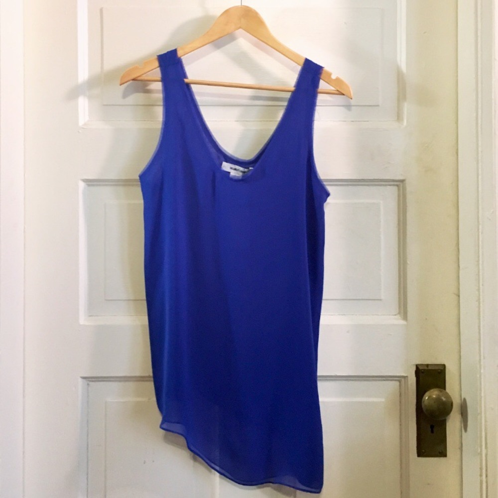 Helmut Lang Asymmetric Blue Silk Chiffon Top, Sz S